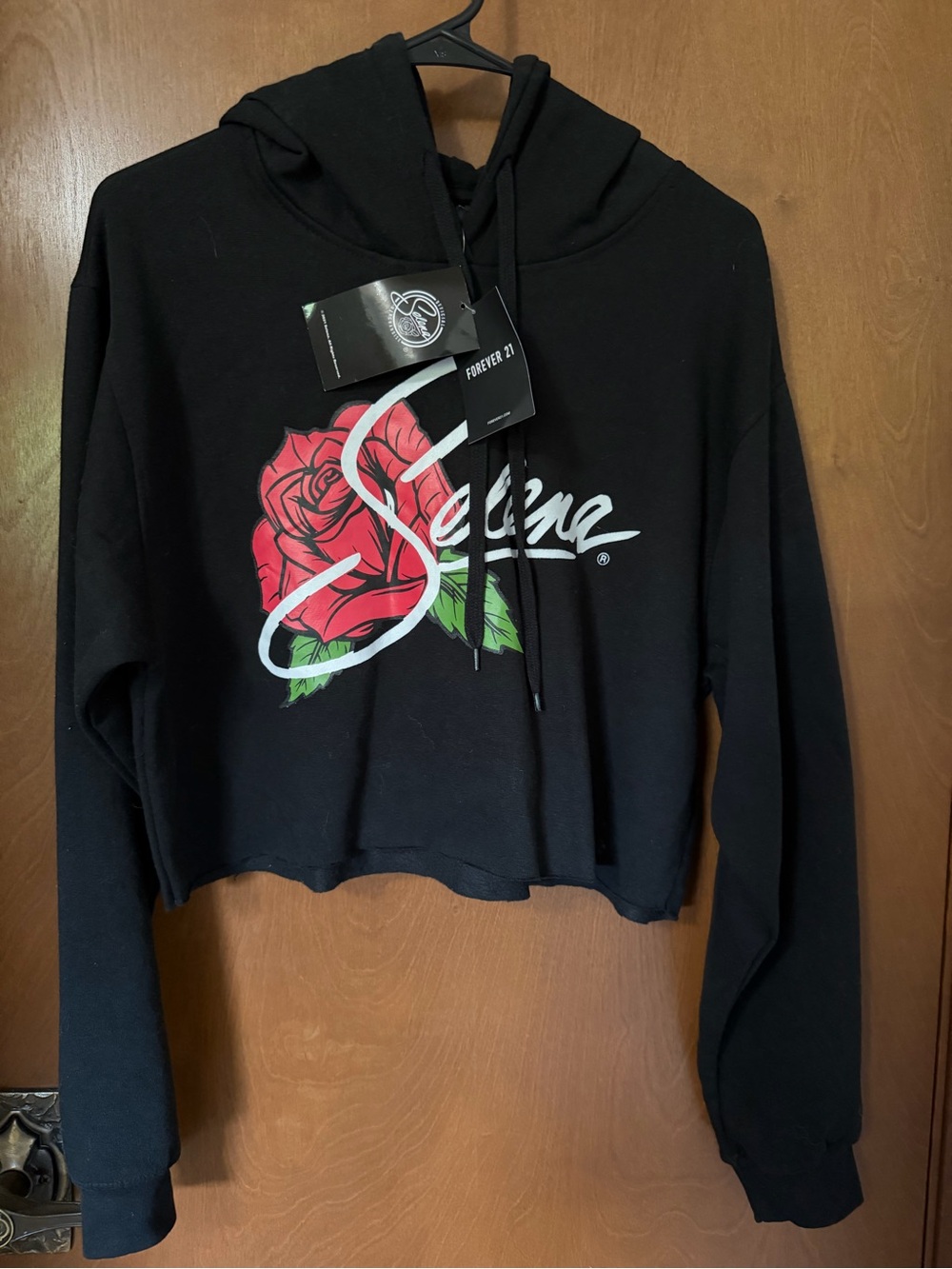 Forever 21 Black Cropped Hoodie with Red Rose Graphic